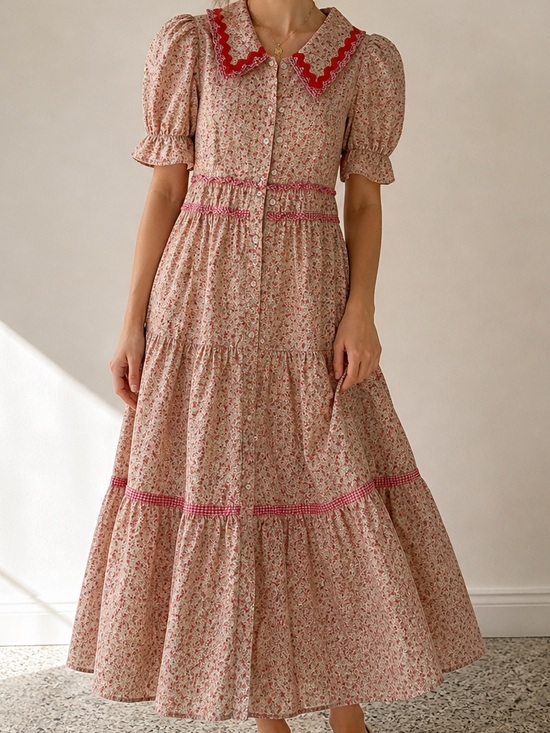 English Factory Dresses & Skirts - English Factory Pink Floral Tiered Maxi Dress with Red Trim